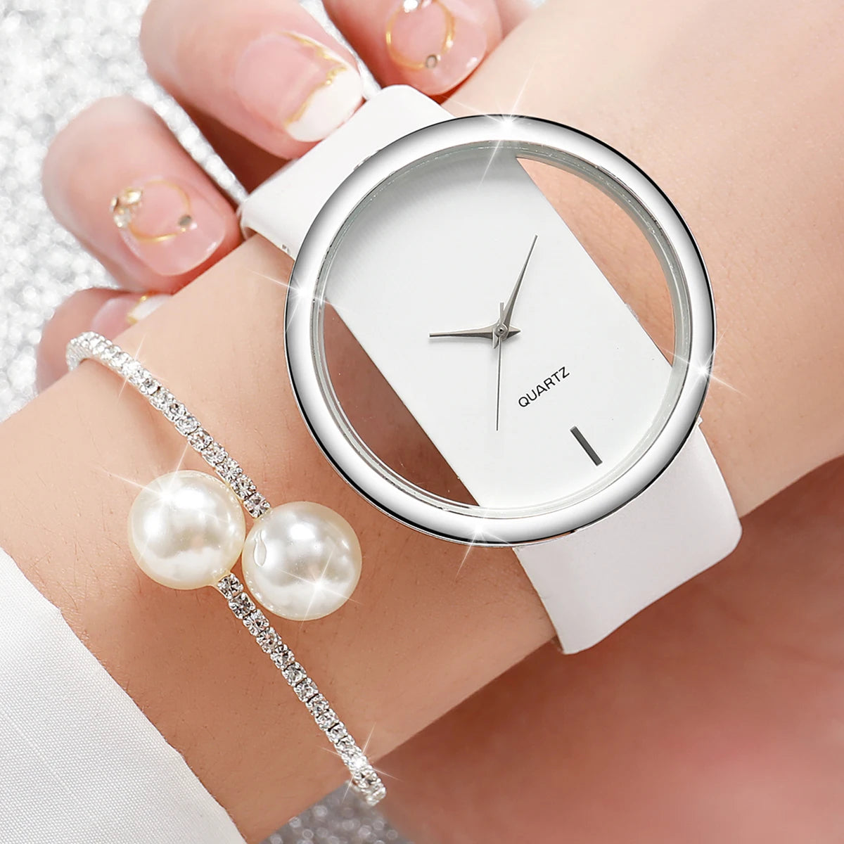 2PCS/Set Women's Watch Pearl Diamond
