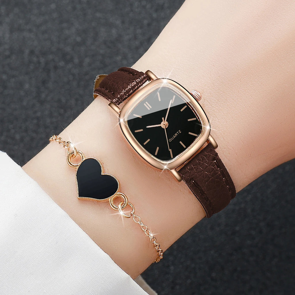 2PCS/Set Fashion Square Women Watch Leather