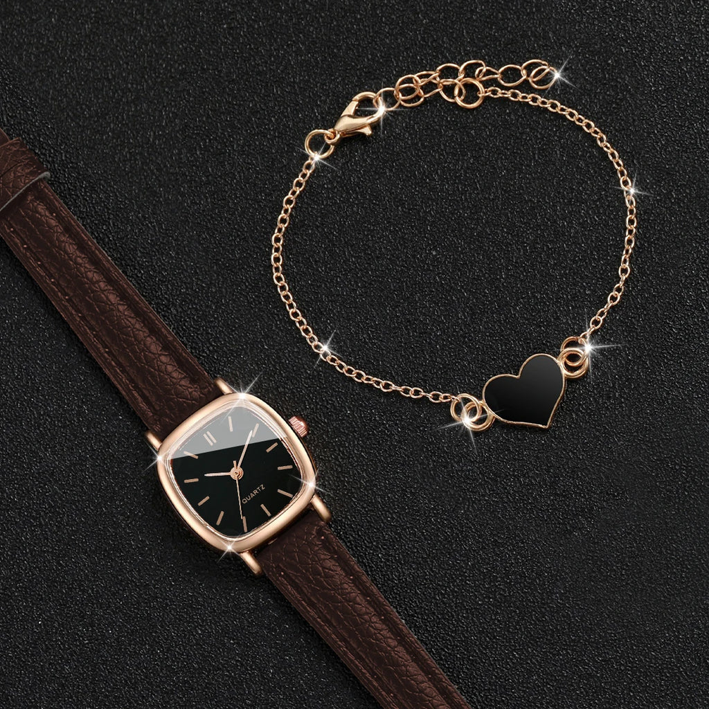 2PCS/Set Fashion Square Women Watch Leather