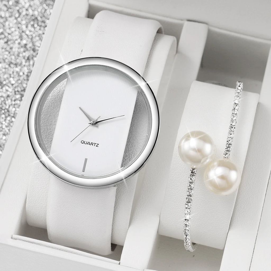 2PCS/Set Women's Watch Pearl Diamond