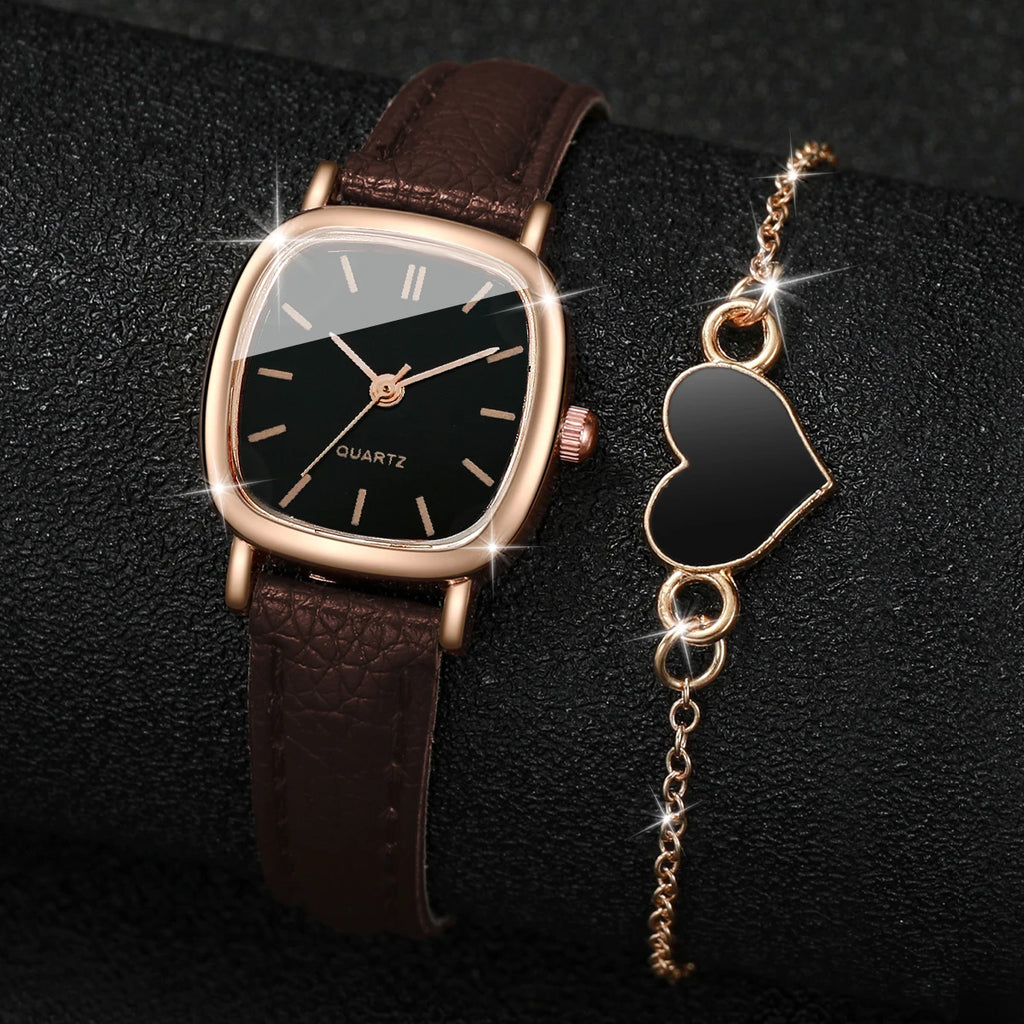 2PCS/Set Fashion Square Women Watch Leather