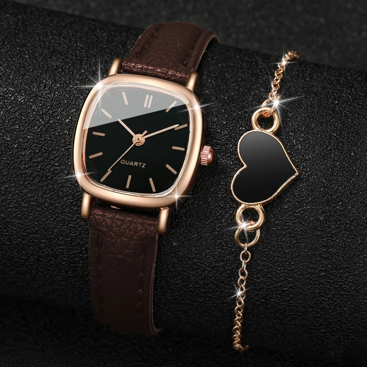 2PCS/Set Fashion Square Women Watch Leather
