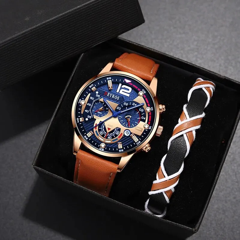 2PCS Set Fashion Mens Calendar Watches Luxury